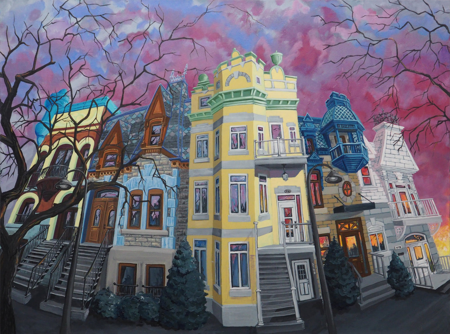 Urban Landscape sunset. À l'ouest du Parc Lafontaine historical house canadian urban landscape.Original painting by a famous canadian painter. purchase picture ready to hang on your wall