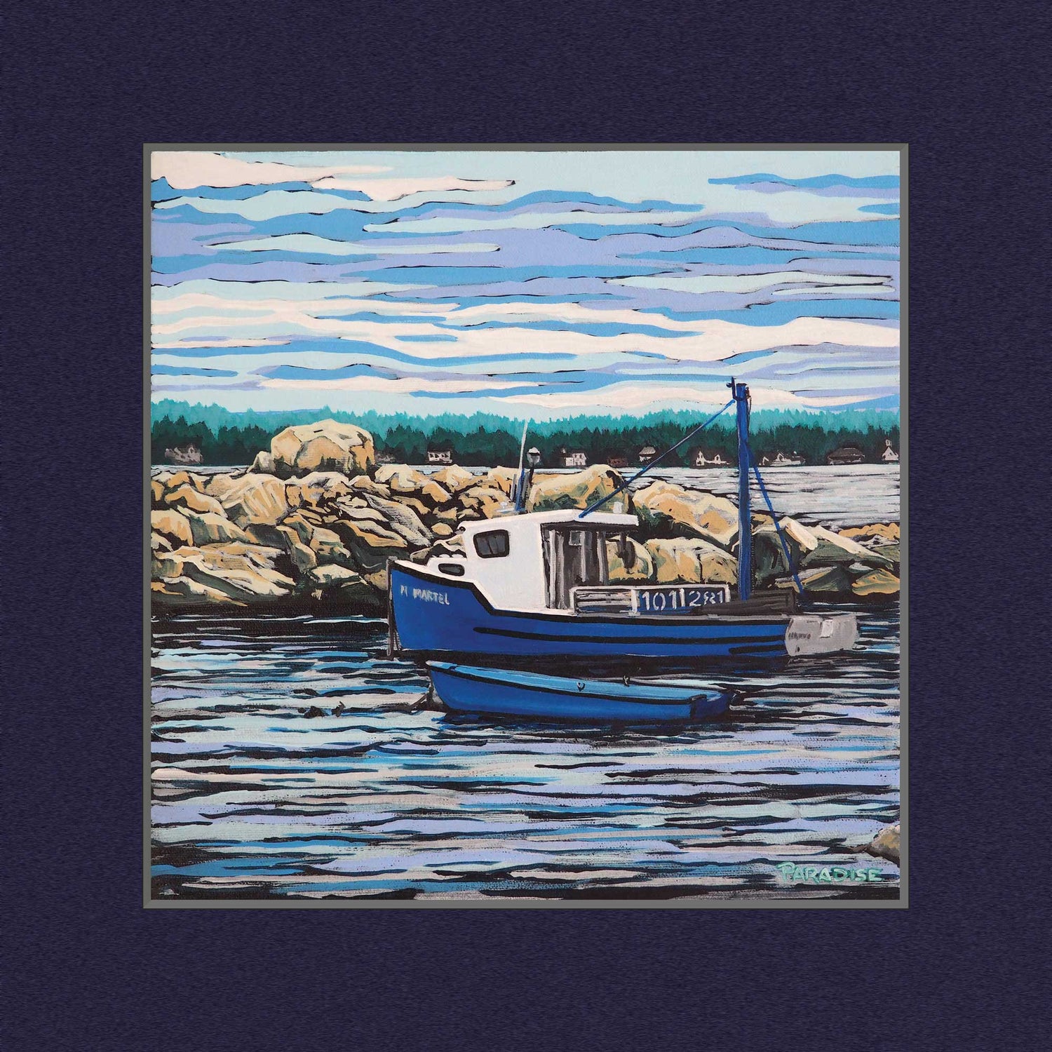 Blue Fishing Boat at Blue Rocks Nova Scotia on the Atlantic coast, high quality print from an original painting by a professional Canadian landscape artist. visual art ready to hang on your wall.
