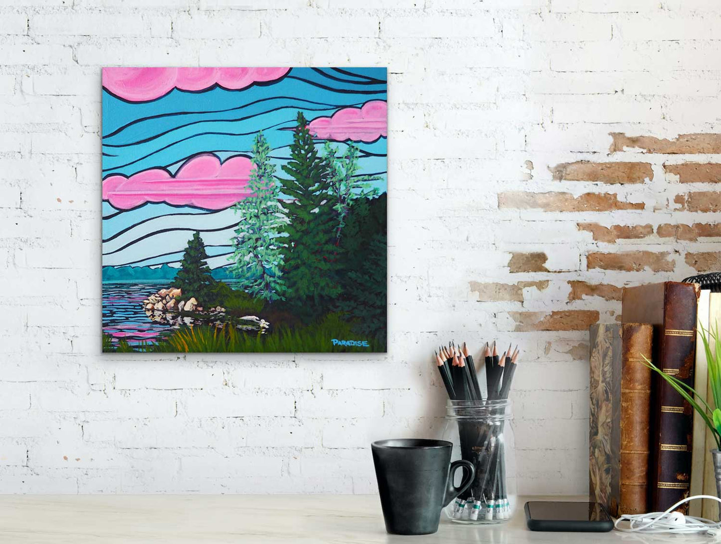 Visitors can be treated to majestic sights as they journey down the bewitching Lighthouse Road, bound for Peggy's Cove. From the shimmering waters to the sky made of blue and clouds of pink, everything is possible. Painted by professional Canadian landscape artist. visual art ready to hang on your wall.