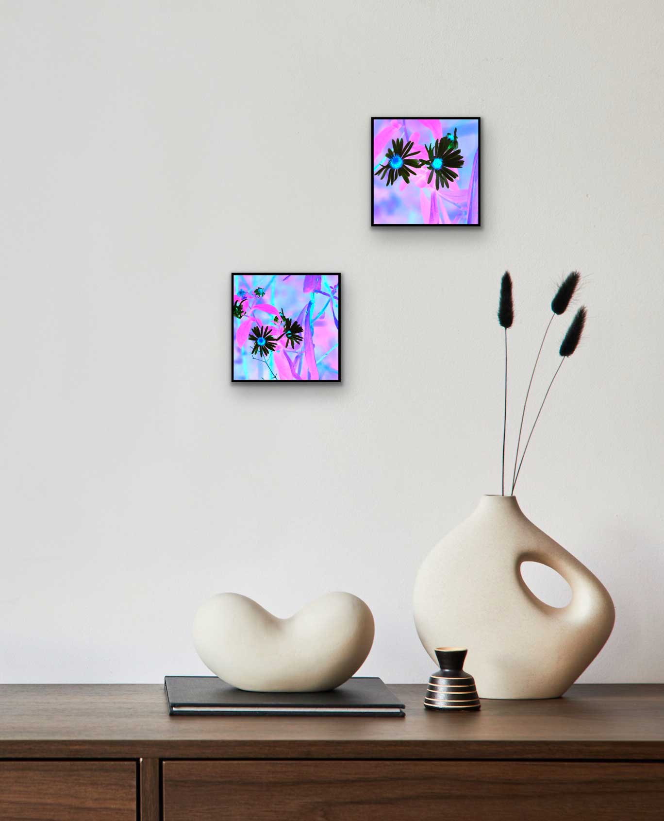 Photography of Aster Amellus 'King George', starry flowers. contrast with the whimsical background. This 6 x 6 inches photography is coated with resin on a wooden support. Ready to hang in your favorite room.