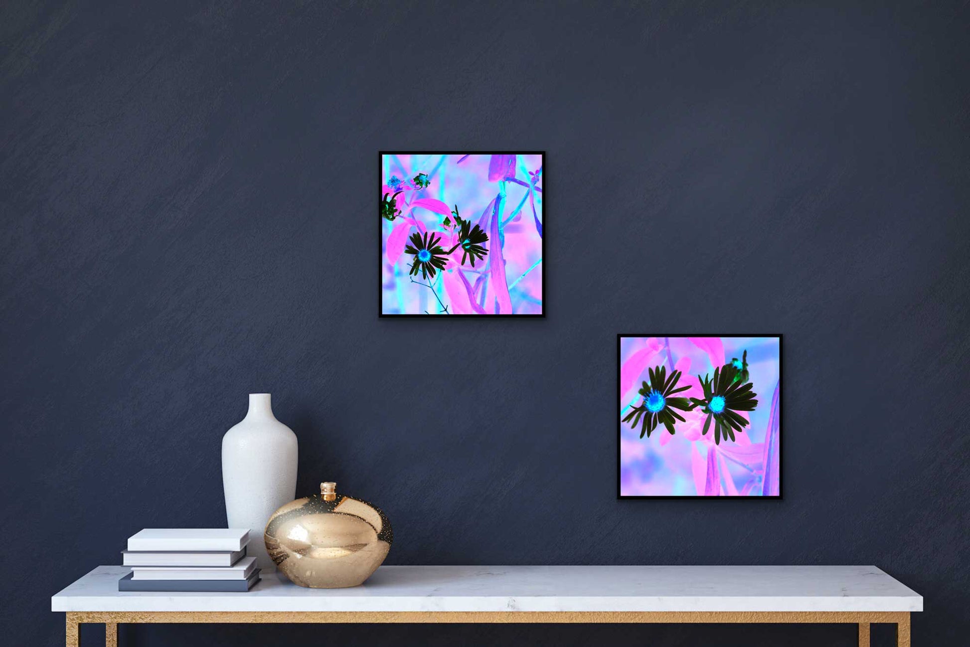 Photography of Aster Amellus 'King George', starry flowers. contrast with the whimsical background.  This 6 x 6 inches photography is coated with resin on a wooden support.  Ready to hang in your favorite room.