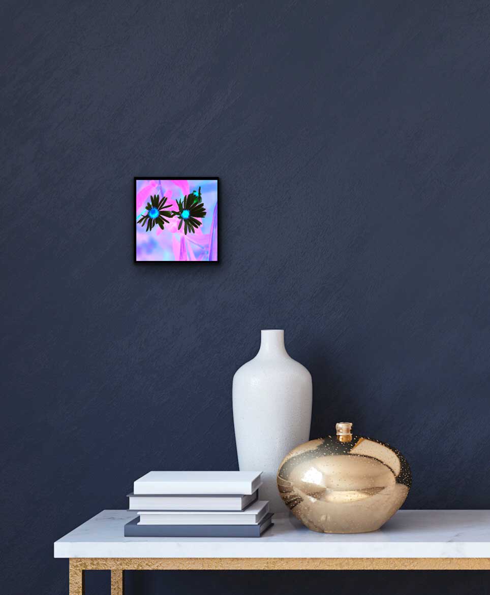 Photography of Aster Amellus 'King George', starry flowers. contrast with the whimsical background. This 6 x 6 inches photography is coated with resin on a wooden support. Ready to hang in your favorite room.