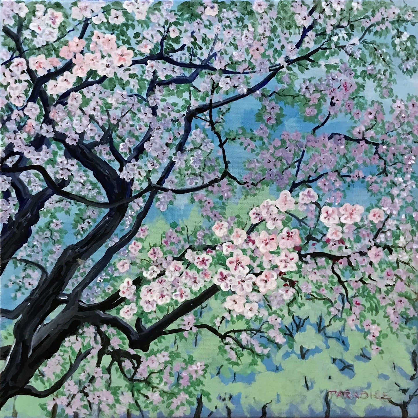 Blossom tree, apple orchard blooming flowers, original painting by a professional canadian landscape artist. visual art ready to hang on your wall.