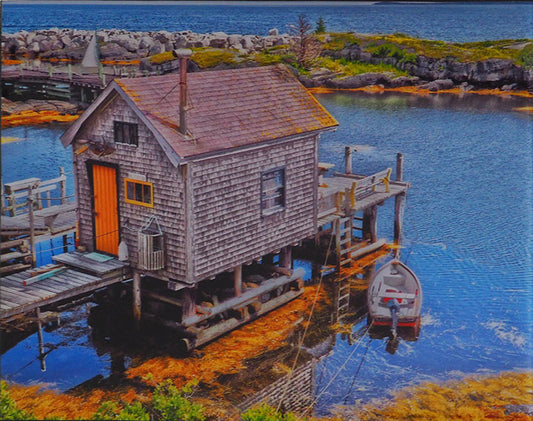 Spectacular view of Blue Rocks harbour featuring a picturesque fisherman's boathouse.   Photography 8 x 10 inches covered with resin. Ready-to-hang in your favorite room.