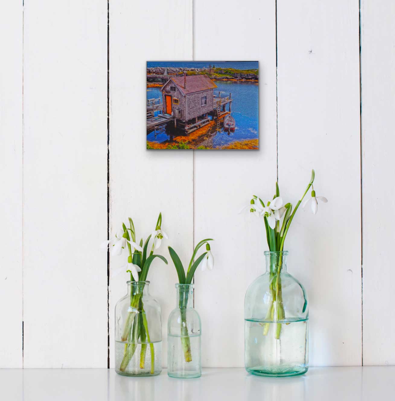 Spectacular view of Blue Rocks harbour featuring a picturesque fisherman's boathouse.   Photography 8 x 10 inches covered with resin. Ready-to-hang in your favorite room.