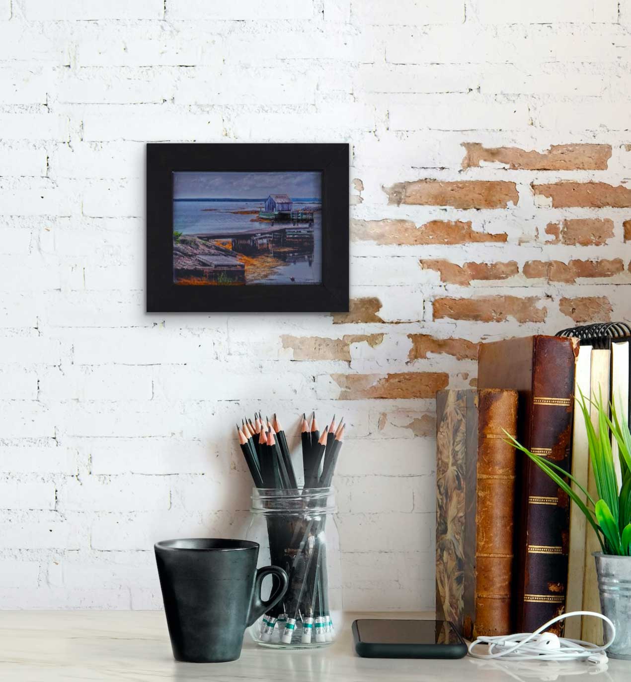 Unique and charming spot in Nova Scotia. Blue Rocks, a cozy little harbor with lots of little fishing shacks. It's still a working fishing village, with blue slate rocks at the ocean's edge. Photography 6 x 8 inches covered with resin in a handmade black wood frame 9 x 11 inches. Ready-to-hang in your favorite room.