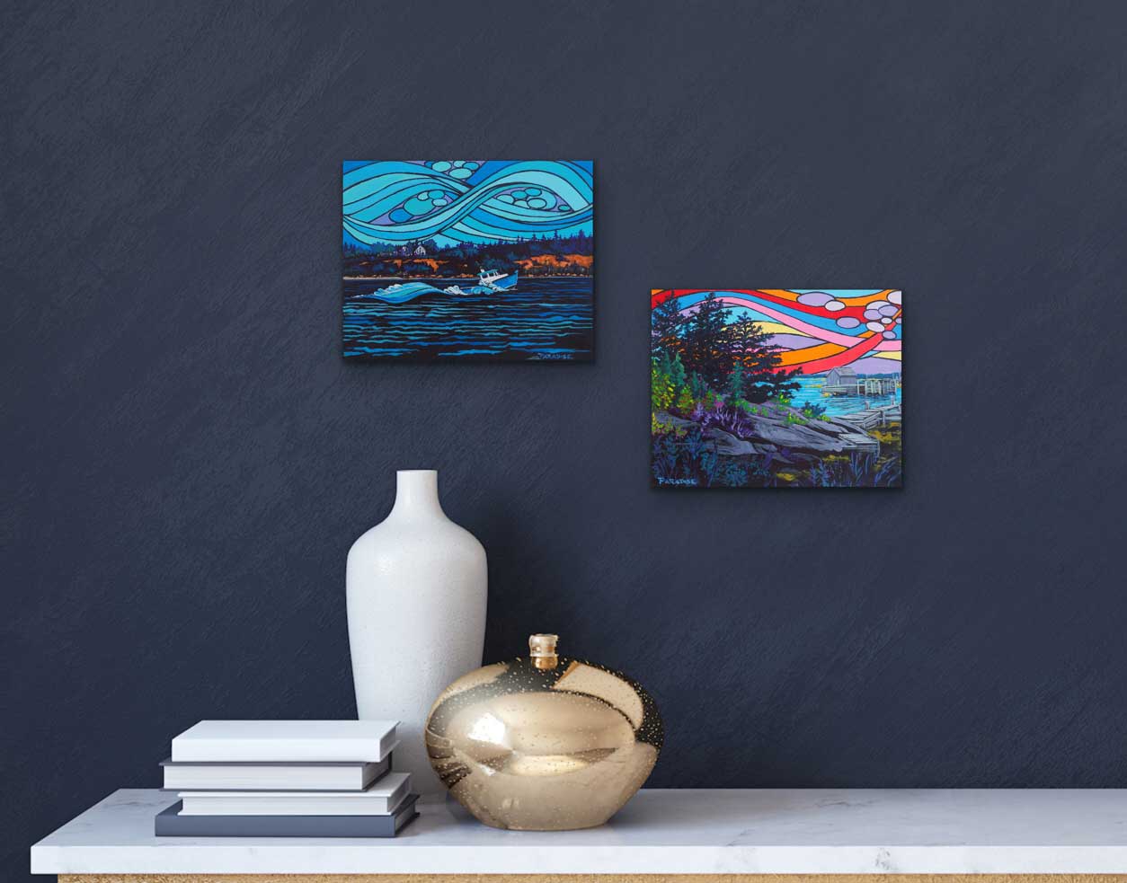 Beautiful Blue rocks scene, with a rainbow coloured sky on south shore atlantic coast  Nova Scotia. Original painting by a professional Canadian landscape artist. visual art ready to hang on your wall.