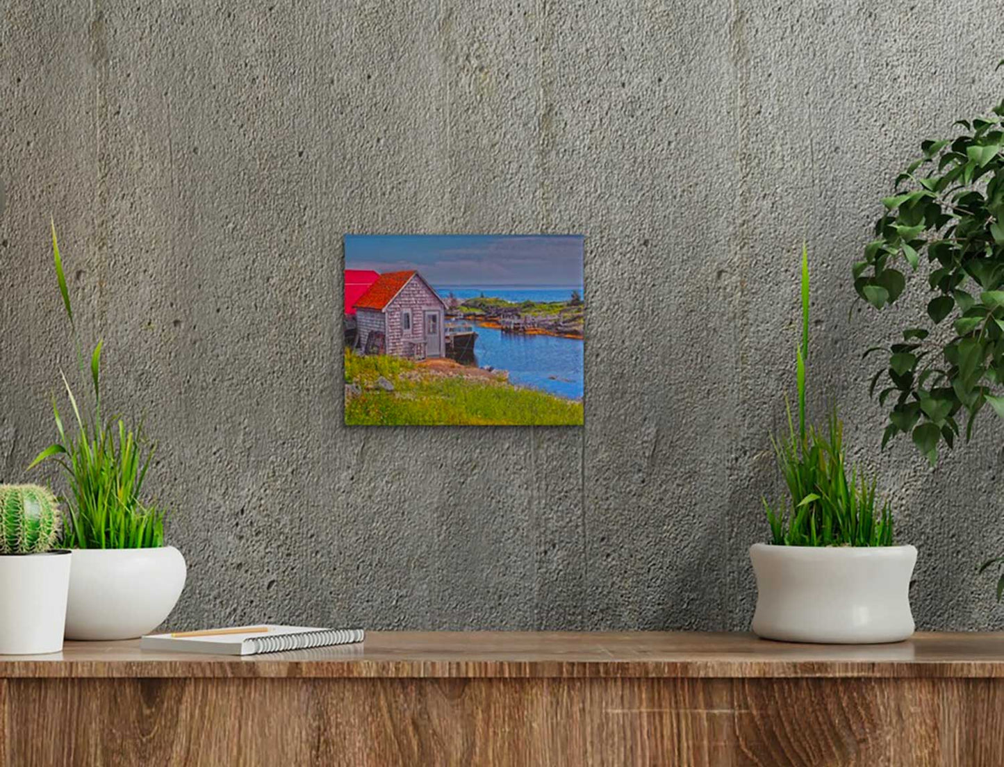 Spectacular view of Blue Rocks harbour featuring a picturesque shingle cabin.   Photography 8 x 10 inches covered with resin. Ready-to-hang in your favorite room.