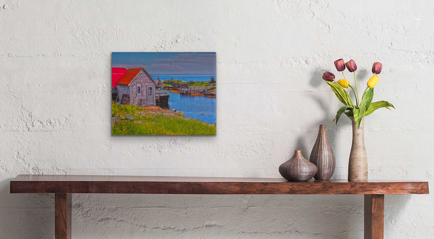 Spectacular view of Blue Rocks harbour featuring a picturesque shingle cabin.   Photography 8 x 10 inches covered with resin. Ready-to-hang in your favorite room.