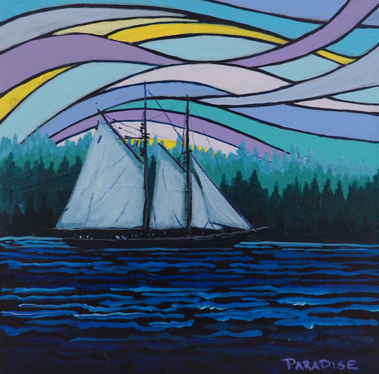 Bluenose II at Blue Rocks Nova Scotia on the Atlantic coast, original painting by a professional canadian landscape artist. visual art ready to hang on your wall.