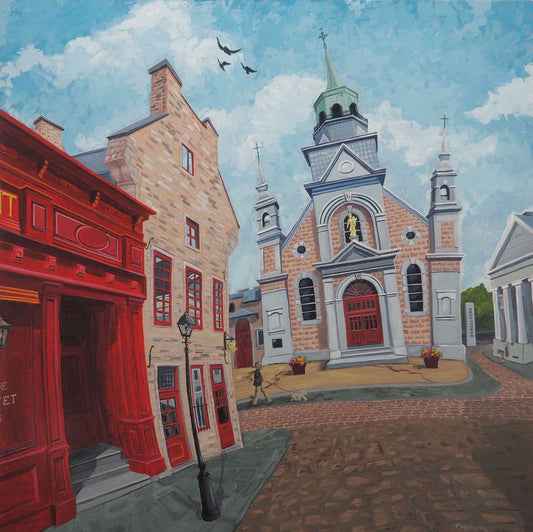 Notre-Dame-de-Bon-Secours, the oldest stone chapelle of Montreal, original painting by a professional canadian urban landscape artist. visual art ready to hang on your wall.