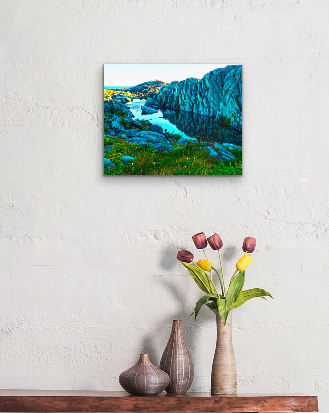 Reflections of the picturesque rock formations at Cape Forchu, near Yarmouth, Nova Scotia.  The water and rocks found throughout the region make for very colorful reflections.  Resin-coated 8 x 10 inches photo. Now it's up to you to find the perfect wall that will bring out the vibrant colors.