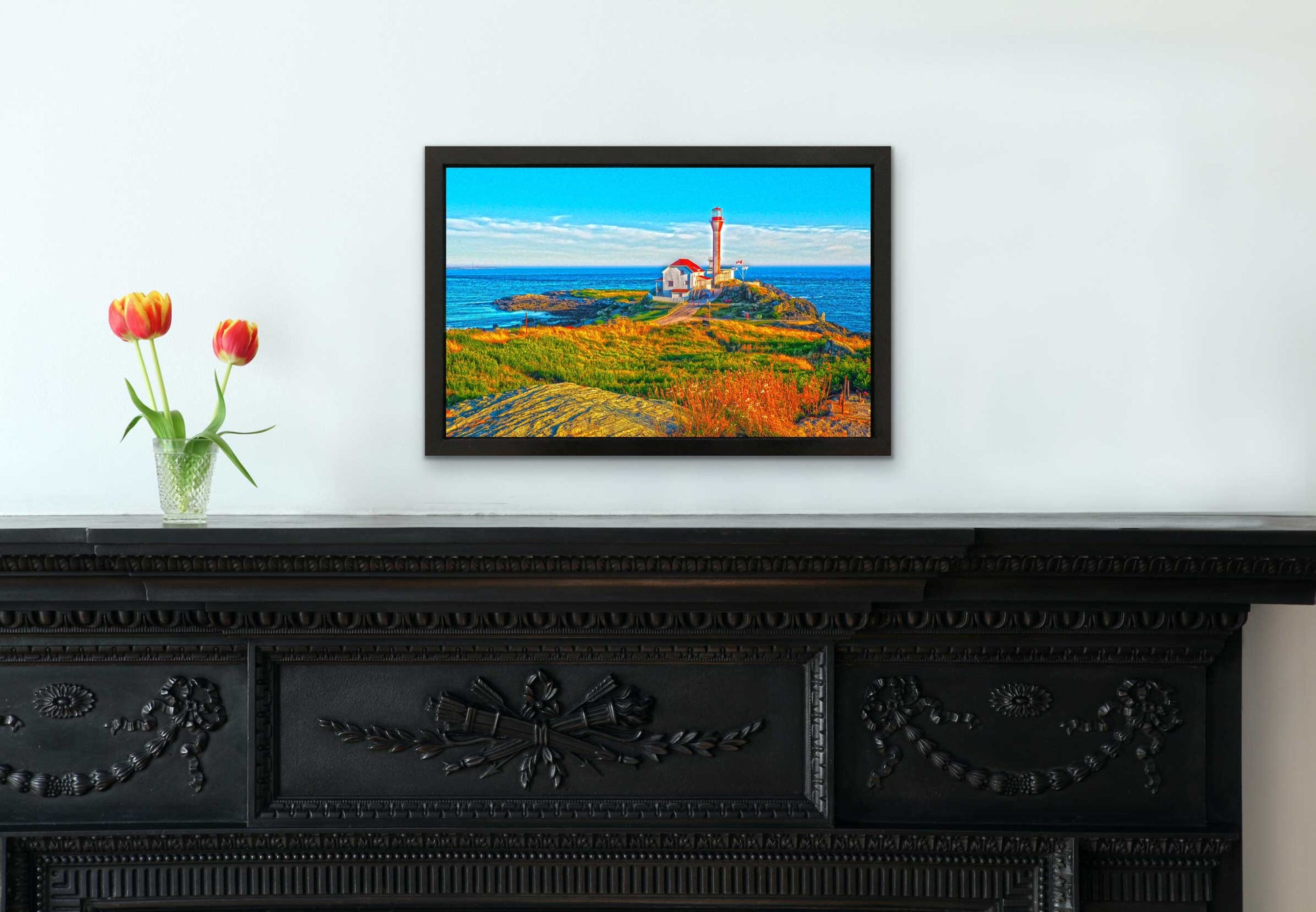 Cape Forchu Lighthouse, Yarmouth Harbour , emblematic of Nova Scotia's coastal heritage. This 10.5 x 16.5 inches photograph was printed on high quality paper. handmade black frame 12 x 18 inches. Resin has been applied to protect the photo. Ready to hang.