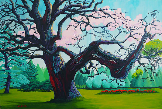 Large painting of a great old tree catalpa from the Montreal Botanical Garden, original painting by a professional canadian urban landscape artist. visual art ready to hang on your wall.