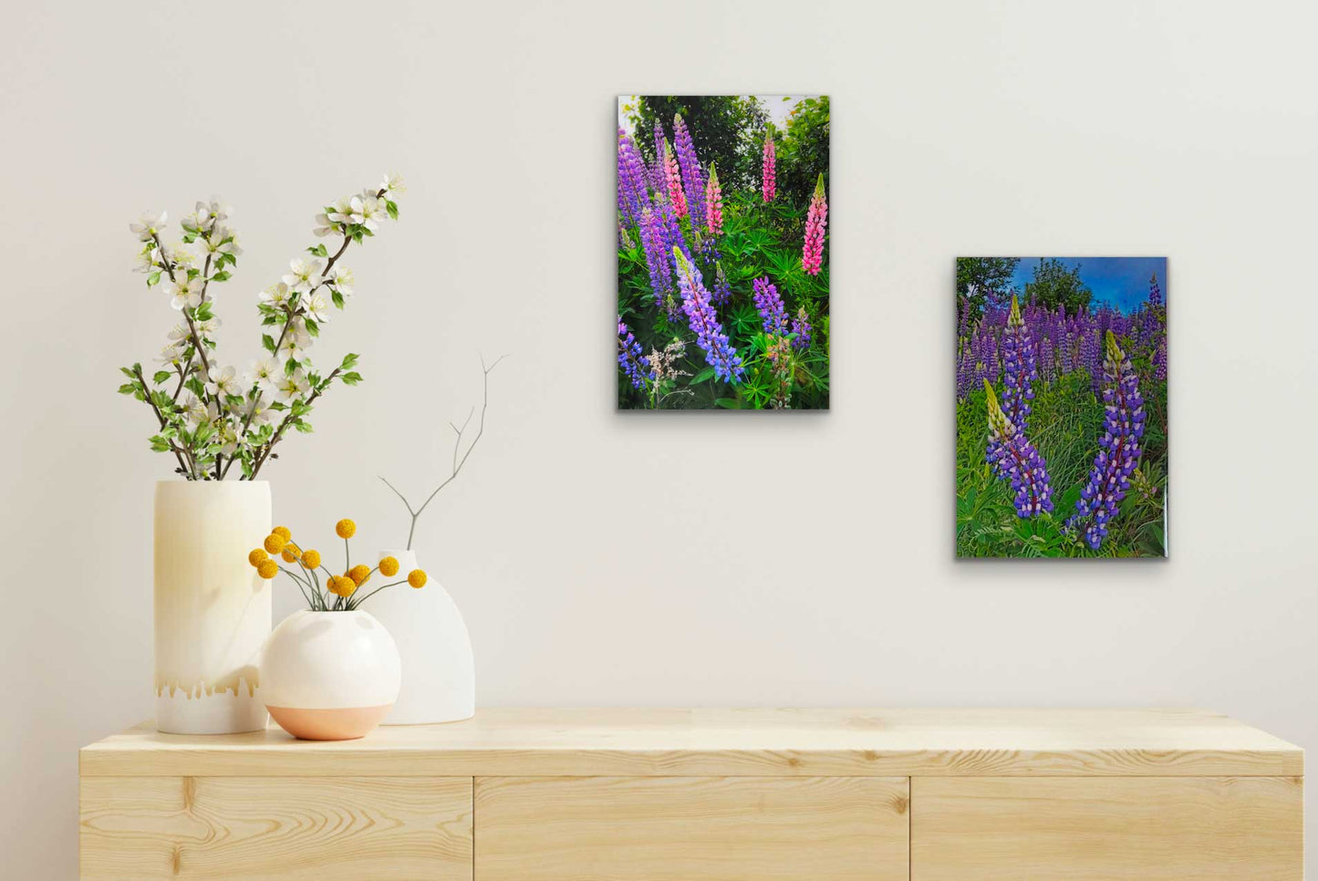 Lupins, The most beautiful pink and purple wildflowers  Resin-coated 17 x 11 inches photograph on a Masonite panel. Ready to hang.