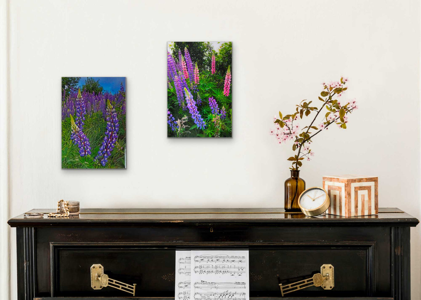 Lupins, The most beautiful pink and purple wildflowers  Resin-coated 17 x 11 inches photograph on a Masonite panel. Ready to hang.