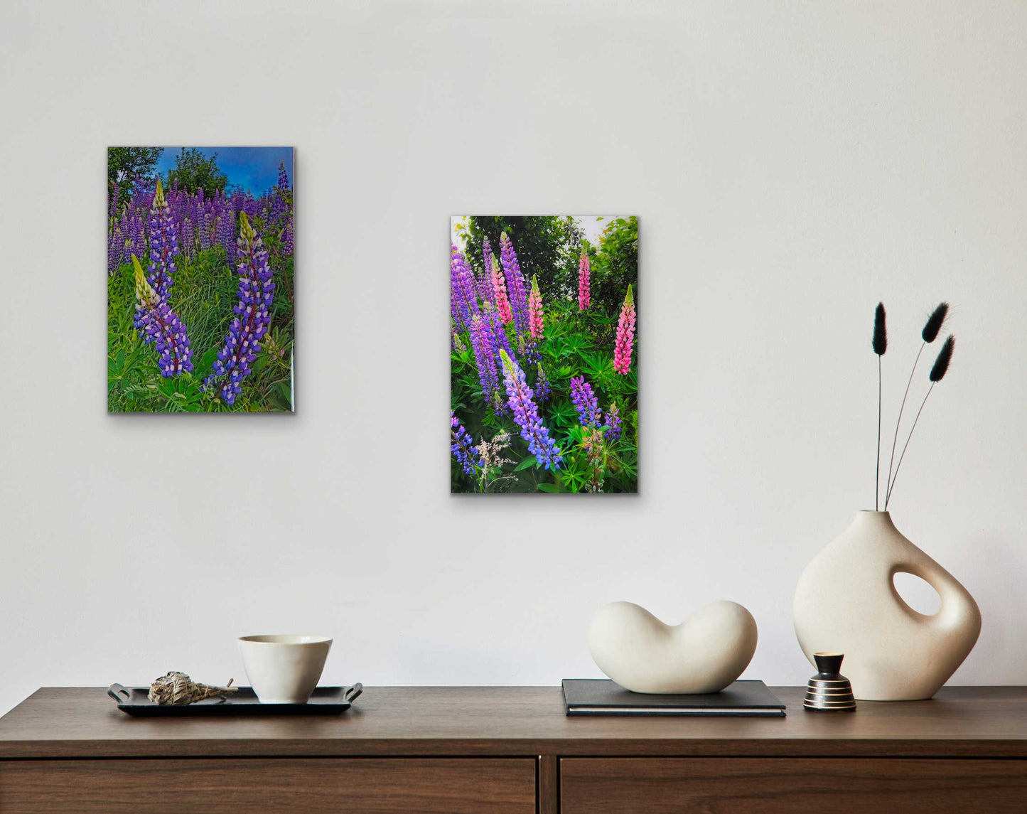 Lupins, The most beautiful pink and purple wildflowers  Resin-coated 17 x 11 inches photograph on a Masonite panel. Ready to hang.