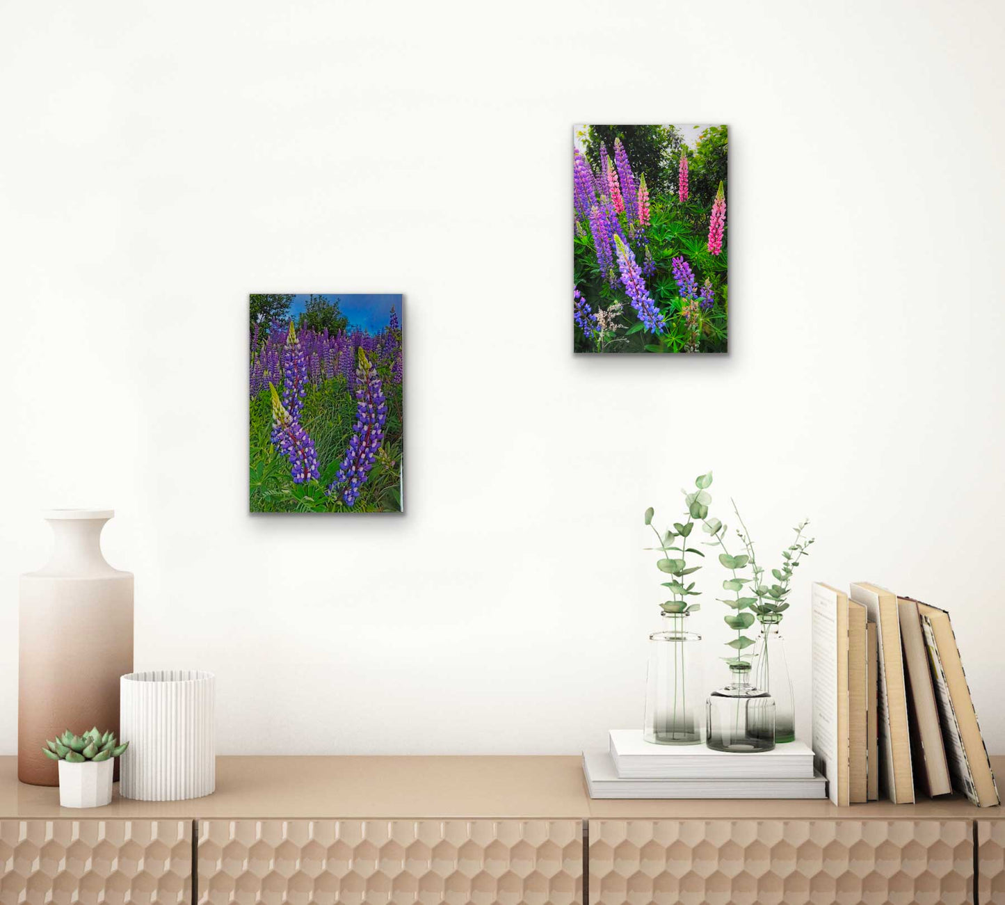 Lupins, The most beautiful pink and purple wildflowers  Resin-coated 17 x 11 inches photograph on a Masonite panel. Ready to hang.