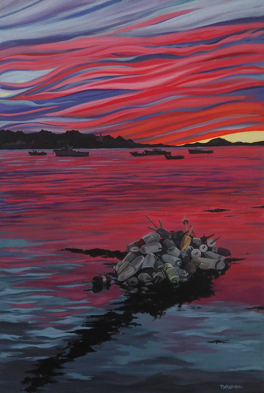 love and romance sunset off the coast of Maine, original painting by a professional canadian urban landscape artist. visual art ready to hang on your wall.