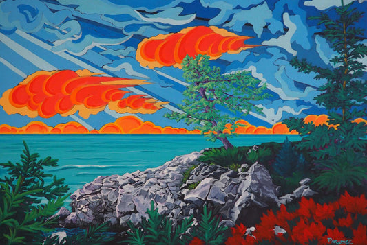 Fantasy view of the nova scotia south shore Atlantic coast with ultramarine and orange skies against the vibrant turquoise water and lush green trees. Original painting by a professional Canadian landscape artist. visual art ready to hang on your wall.