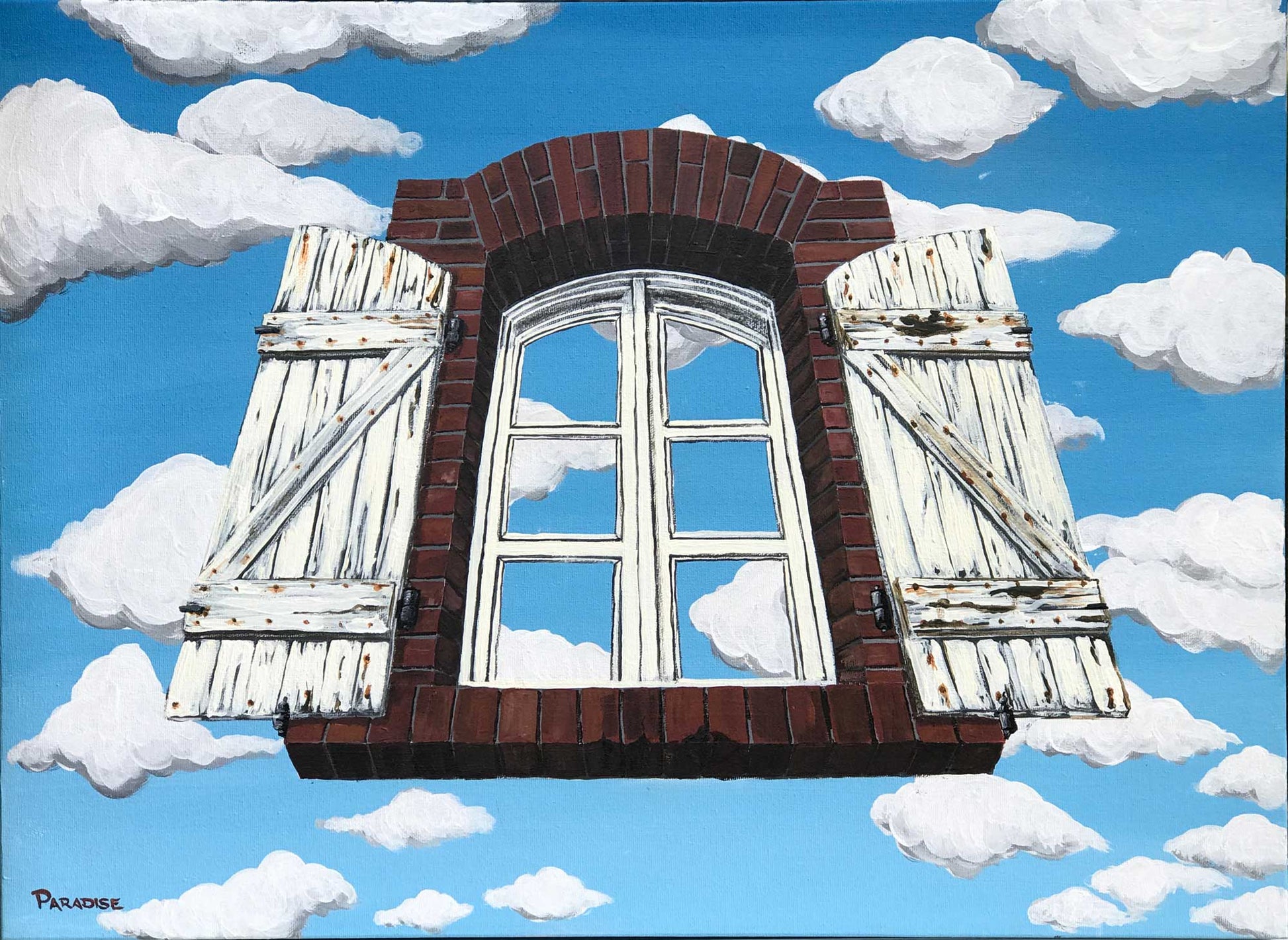 Tribute piece to René Magritte, fantasy view of cartoon clouds with a floating window. Original painting visual art ready to hang on your wall.