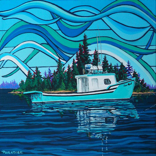 Turquoise Fishing Boat at Blue Rocks Nova Scotia on the Atlantic coast, original painting by a professional canadian landscape artist. visual art ready to hang on your wall.