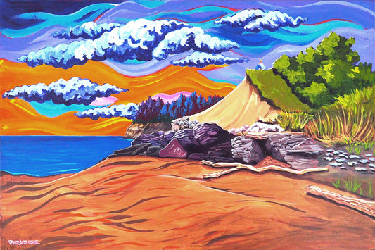 Gone With the Wind Waterside Beach, of the Nova Scotia north shore, framed original painting by a professional Canadian landscape artist. visual art ready to hang on your wall.