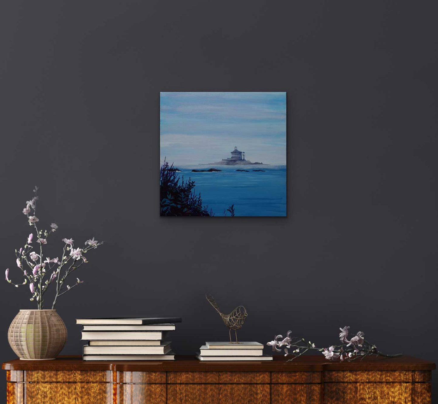 Lighthouse in the fog of the Atlantic sea in Lockeport Nova scotia south shore original painting by a professional Canadian landscape artist. visual art ready to hang on your wall.