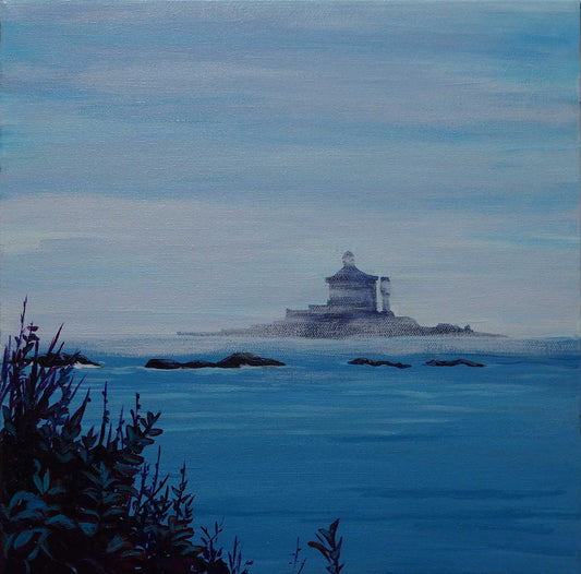 Lighthouse in the fog of the Atlantic sea in Lockeport Nova scotia south shore original painting by a professional Canadian landscape artist. visual art ready to hang on your wall.