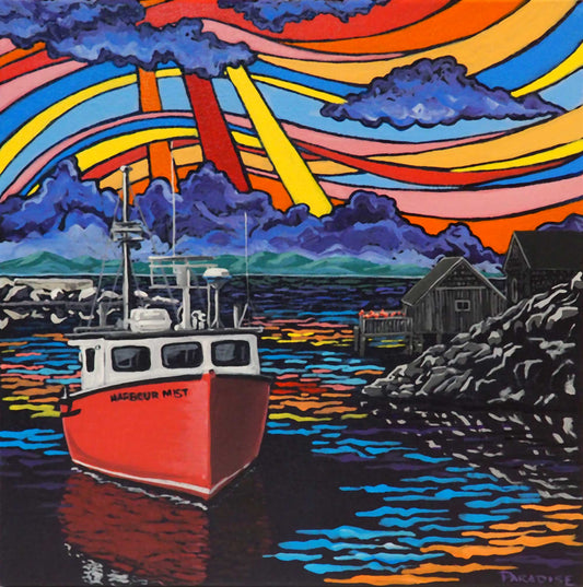 Peggys Cove Harbour, rainbow coloured vibrating sky. Fisherman's boats rest peacefully in the Harbour's calm waters Nova scotia south shore original painting by a professional Canadian landscape artist. visual art ready to hang on your wall.