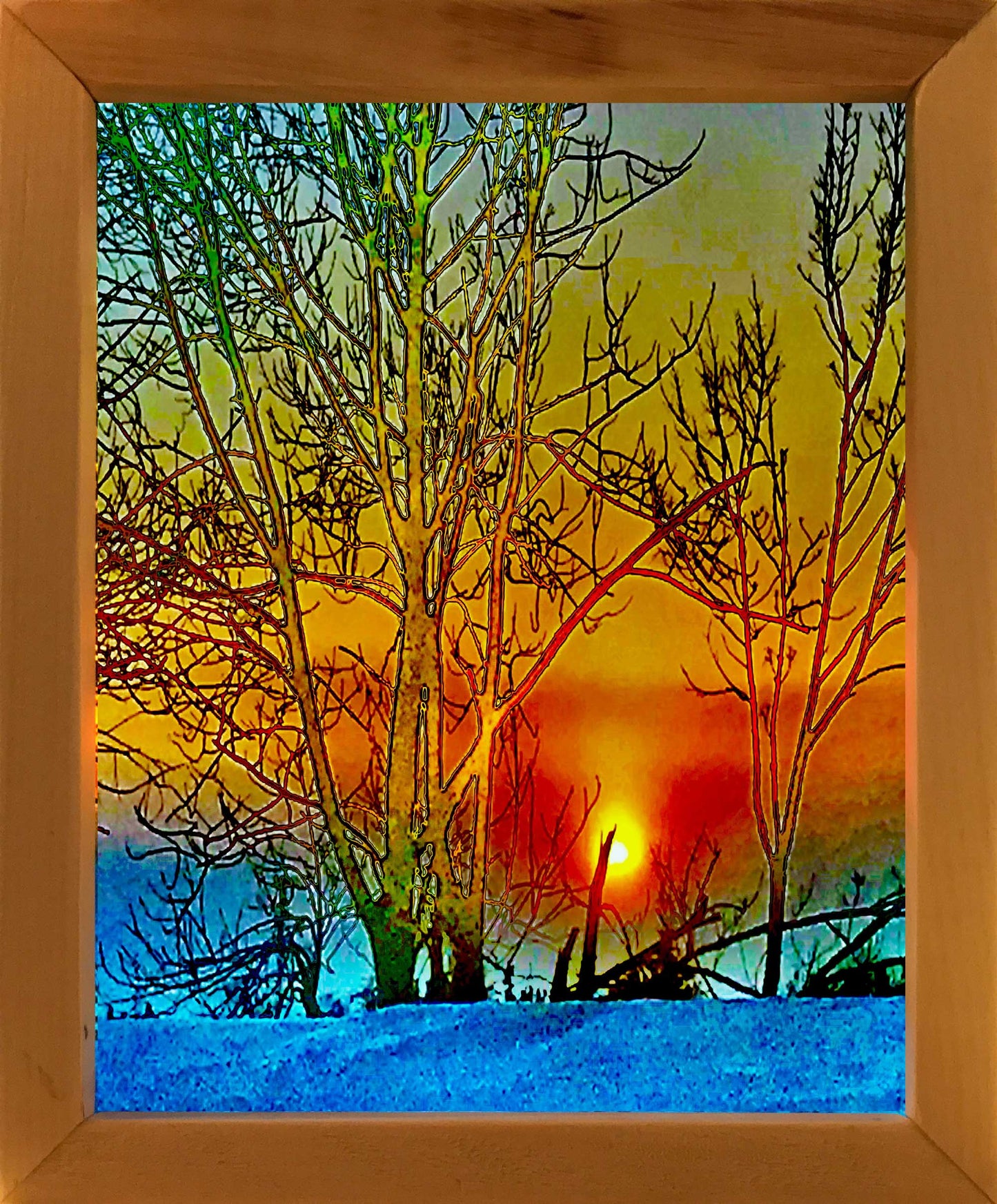 This 8.6 x 6.75 inches photography has been printed on two vellum papers to create a stained glass effect. Sunset in Pictou. Two pieces of glass were cut and placed in a handmade wooden frame 10 x 8 inches. Hooks and chains were added to allow them to be hung in a window, allowing light to pass through the frame.