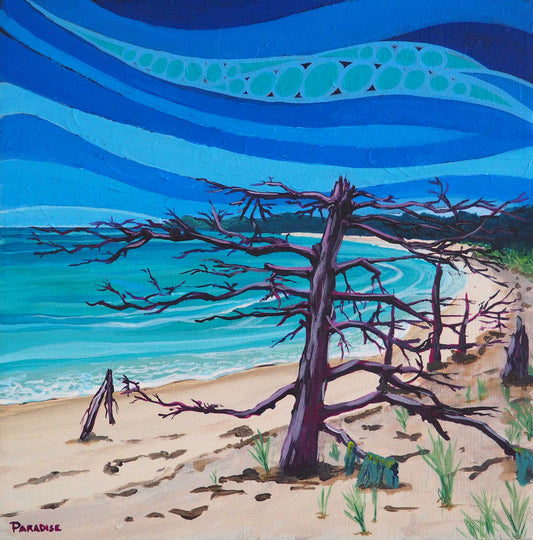 Kejimkujik National park seaside Nova Scotia on the Atlantic coast, with the white sand beach and emerald waters. original painting by a professional Canadian landscape artist. visual art ready to hang on your wall.