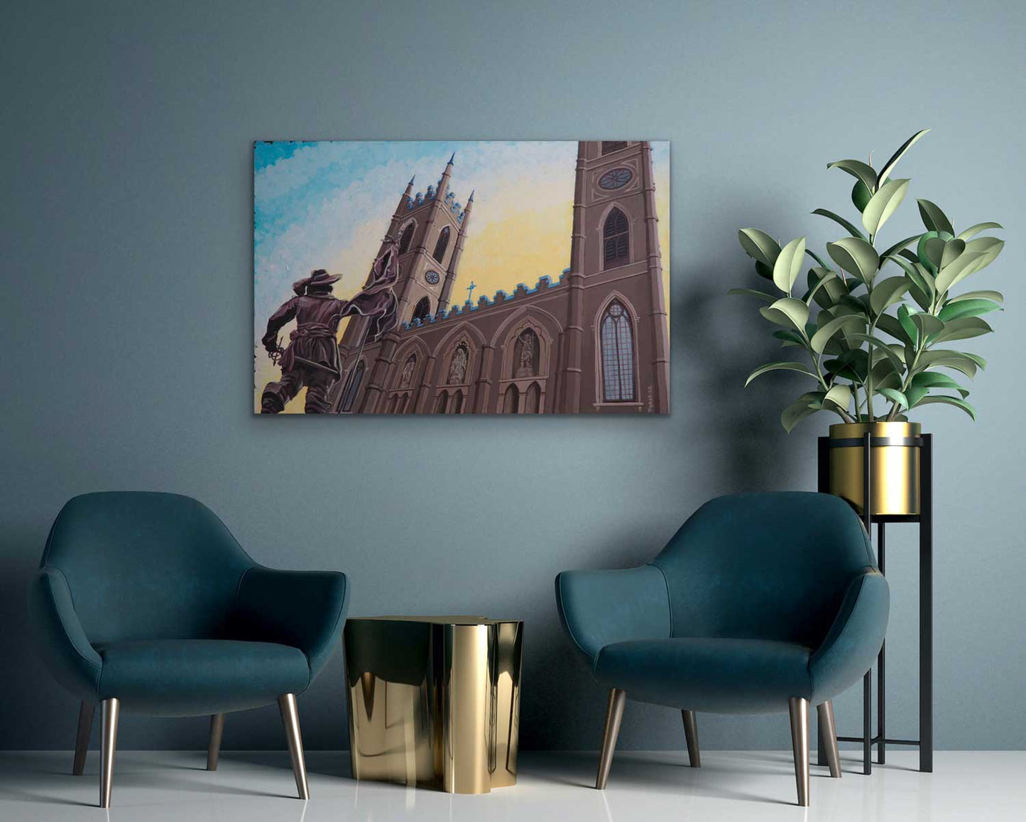 Notre-Dame Church in Montreal stands watch over La Place d'Armes, accompanied by the illustrious statue of the Sir of Maisonneuve. Original painting by a professional Canadian landscape artist. visual art ready to hang on your wall.