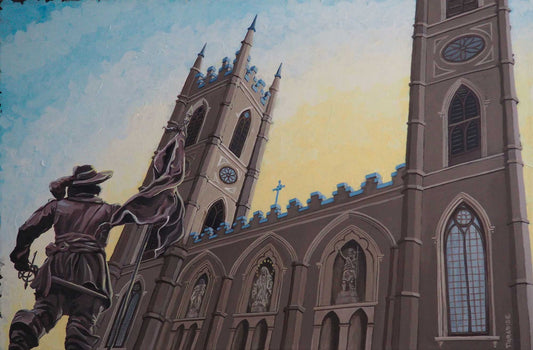 Notre-Dame Church in Montreal stands watch over La Place d'Armes, accompanied by the illustrious statue of the Sir of Maisonneuve. Original painting by a professional Canadian landscape artist. visual art ready to hang on your wall.
