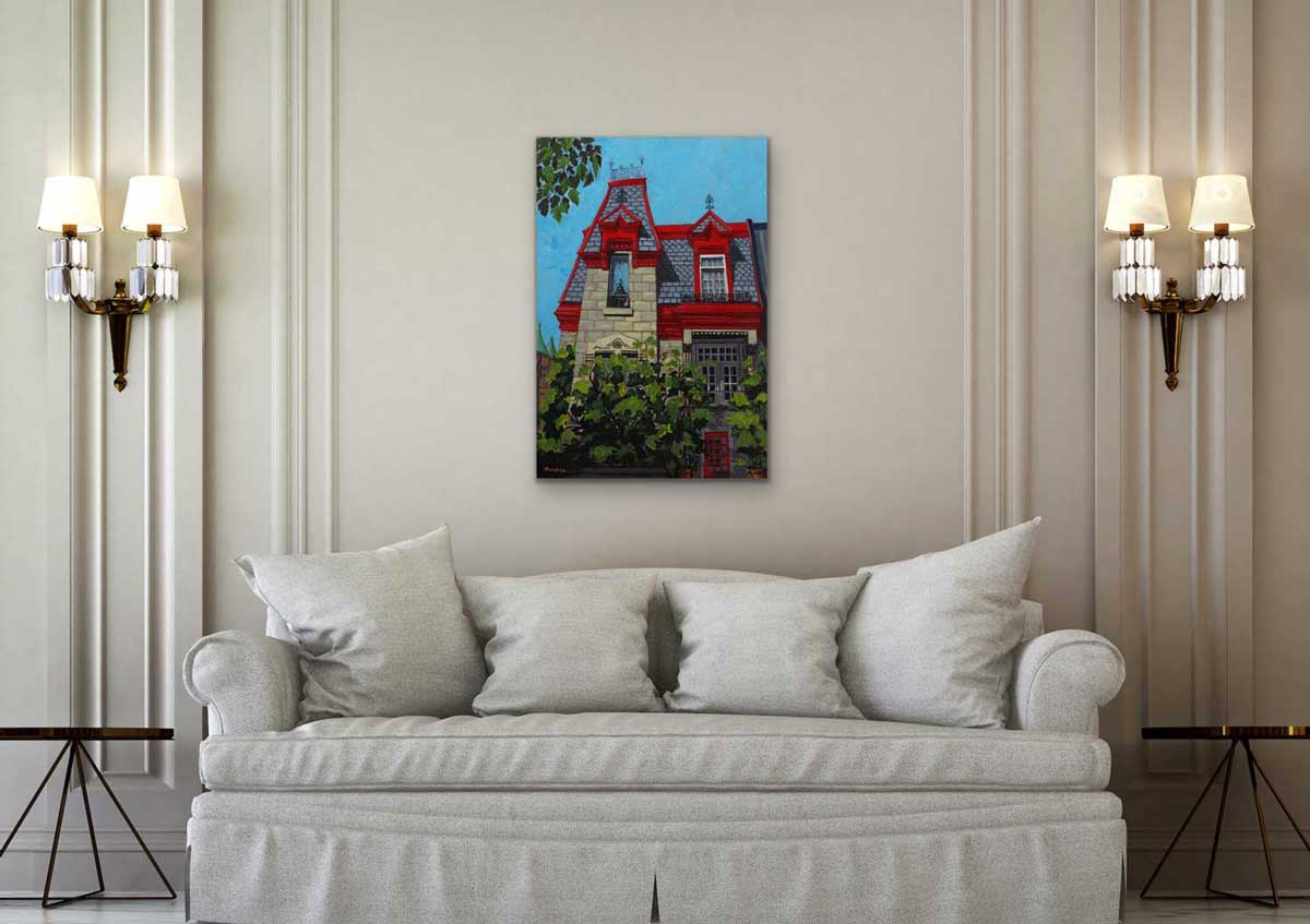 La Grande Rouge painting depicts a picturesque landmark in Montréal's Carré Saint-Louis. Original painting by a professional Canadian urbanlandscape artist. visual art ready to hang on your wall.