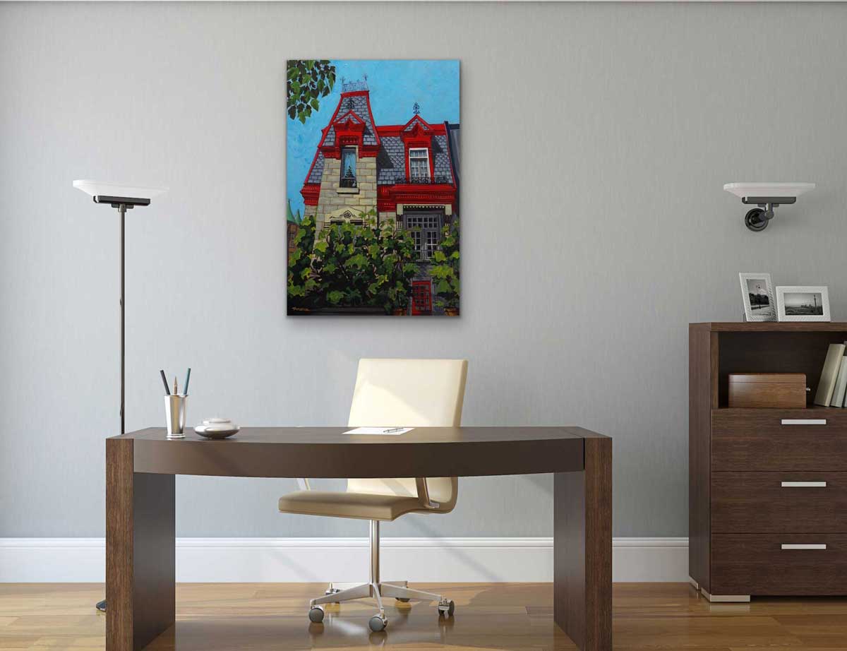 La Grande Rouge painting depicts a picturesque landmark in Montréal's Carré Saint-Louis. Original painting by a professional Canadian urbanlandscape artist. visual art ready to hang on your wall.