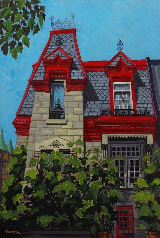 La Grande Rouge painting depicts a picturesque landmark in Montréal's Carré Saint-Louis. Original painting by a professional Canadian urbanlandscape artist. visual art ready to hang on your wall.