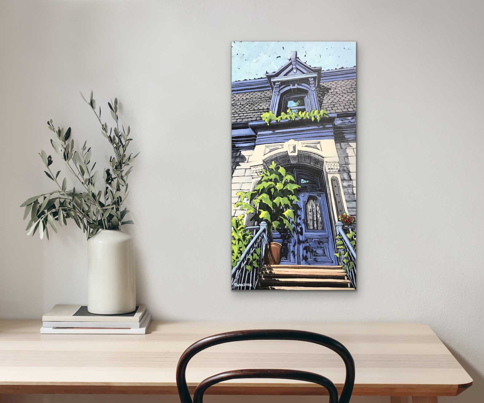 Carré Saint-Louis home in Montréal. Tall composition, high quality giclee print on canvas from an Original painting by a professional Canadian landscape artist. visual art ready to hang on your wall.
