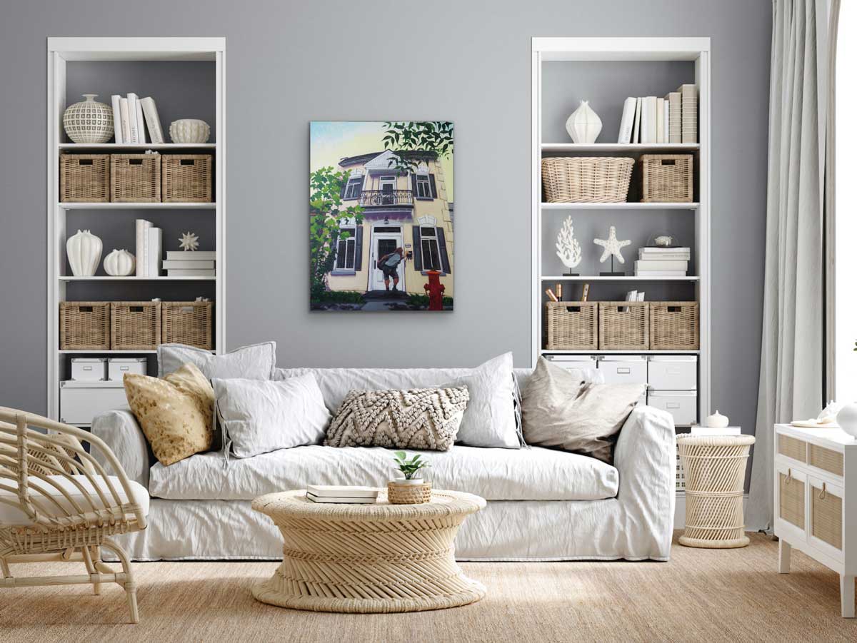 The Mail Lady, female mailman, delivering letters at the door of this Plateau Mont-Royal house in Montréal. Large Original painting by a professional Canadian landscape artist. visual art ready to hang on your wall.