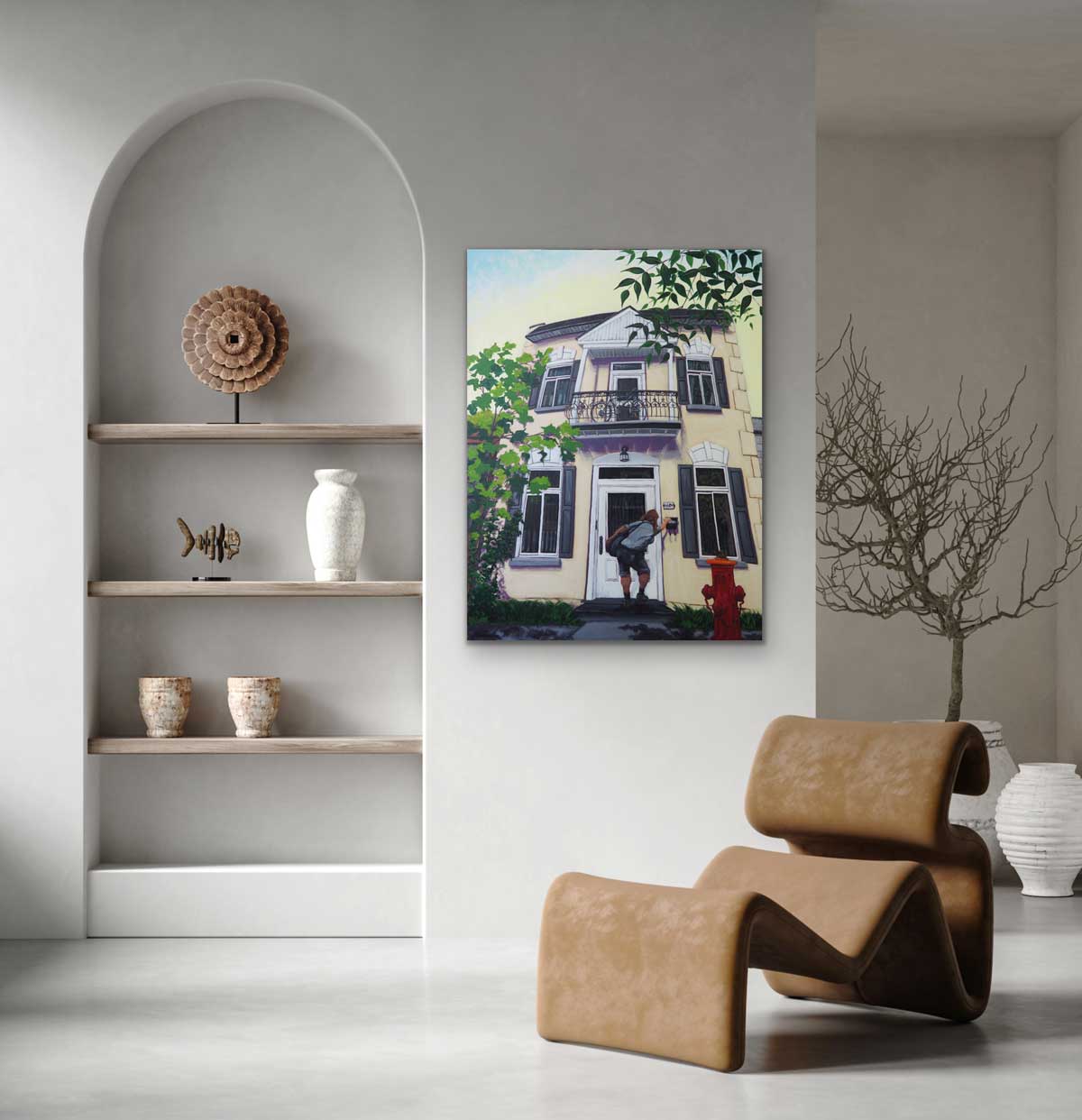 The Mail Lady, female mailman, delivering letters at the door of this Plateau Mont-Royal house in Montréal. Large Original painting by a professional Canadian landscape artist. visual art ready to hang on your wall.