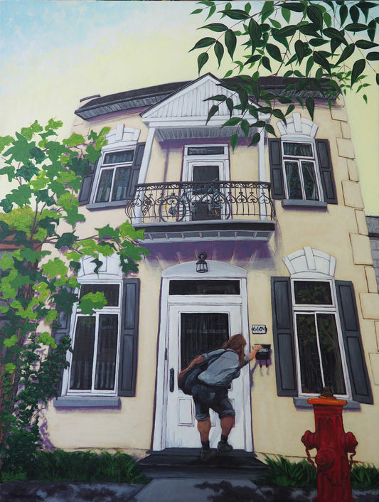 The Mail Lady, female mailman, delivering letters at the door of this Plateau Mont-Royal house in Montréal. Large Original painting by a professional Canadian landscape artist. visual art ready to hang on your wall.