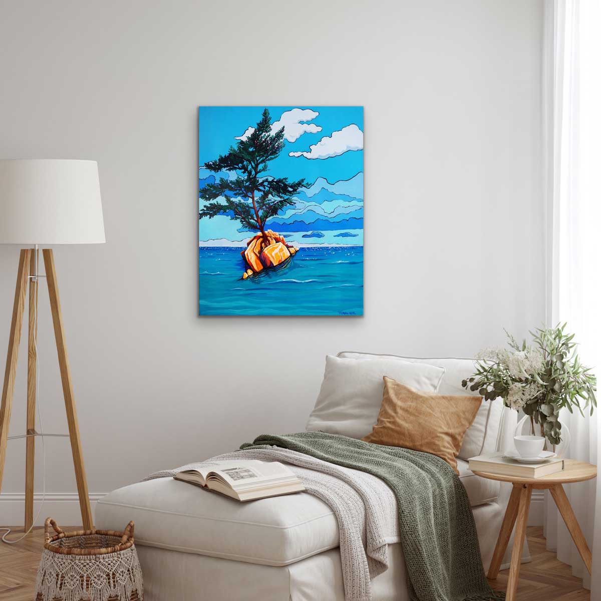 Dream scene from a tree on its own rocky island pretending to be a sail boat on the glorious Atlantic Sea. Original painting by a professional Canadian landscape artist. visual art ready to hang on your wall.