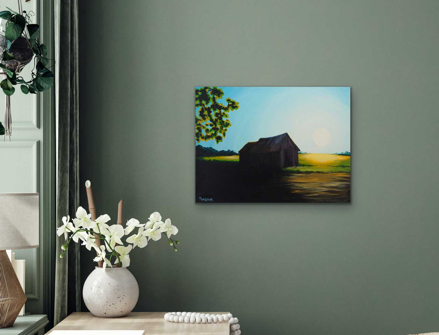 old barn in the sunset original painting by a professional Canadian landscape artist. visual art ready to hang on your wall.