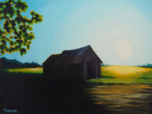 old barn in the sunset original painting by a professional Canadian landscape artist. visual art ready to hang on your wall.