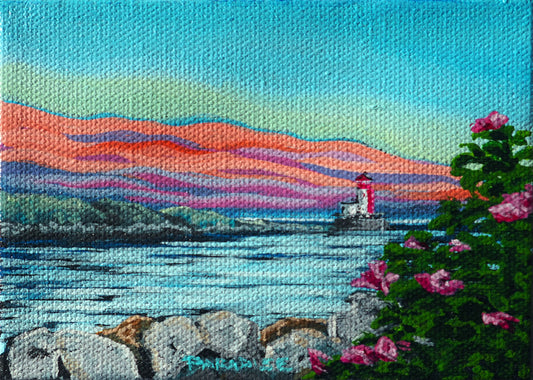 Little Bunker Island lighthouse nova scotia on the Atlantic Ocean. original small tiny  painting by a professional Canadian landscape artist. visual art ready to hang on your wall.