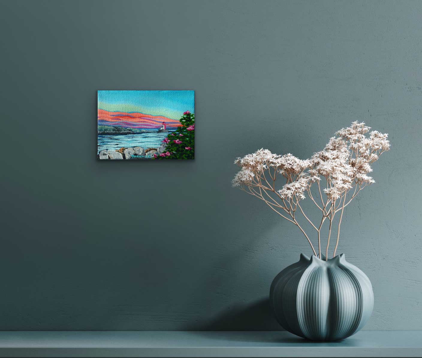 Little Bunker Island lighthouse nova scotia on the Atlantic Ocean. original small tiny painting by a professional Canadian landscape artist. visual art ready to hang on your wall.