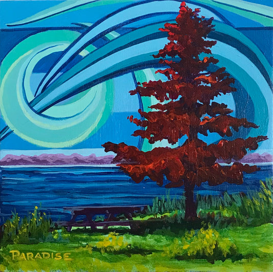 Perfect picnic spot on the Jitney trail, pictou, Nova Scotia. The sky appeared bright and vibrant with turquoise and ultramarine. Painted by professional Canadian andscape artist. visual art ready to hang on your wall.