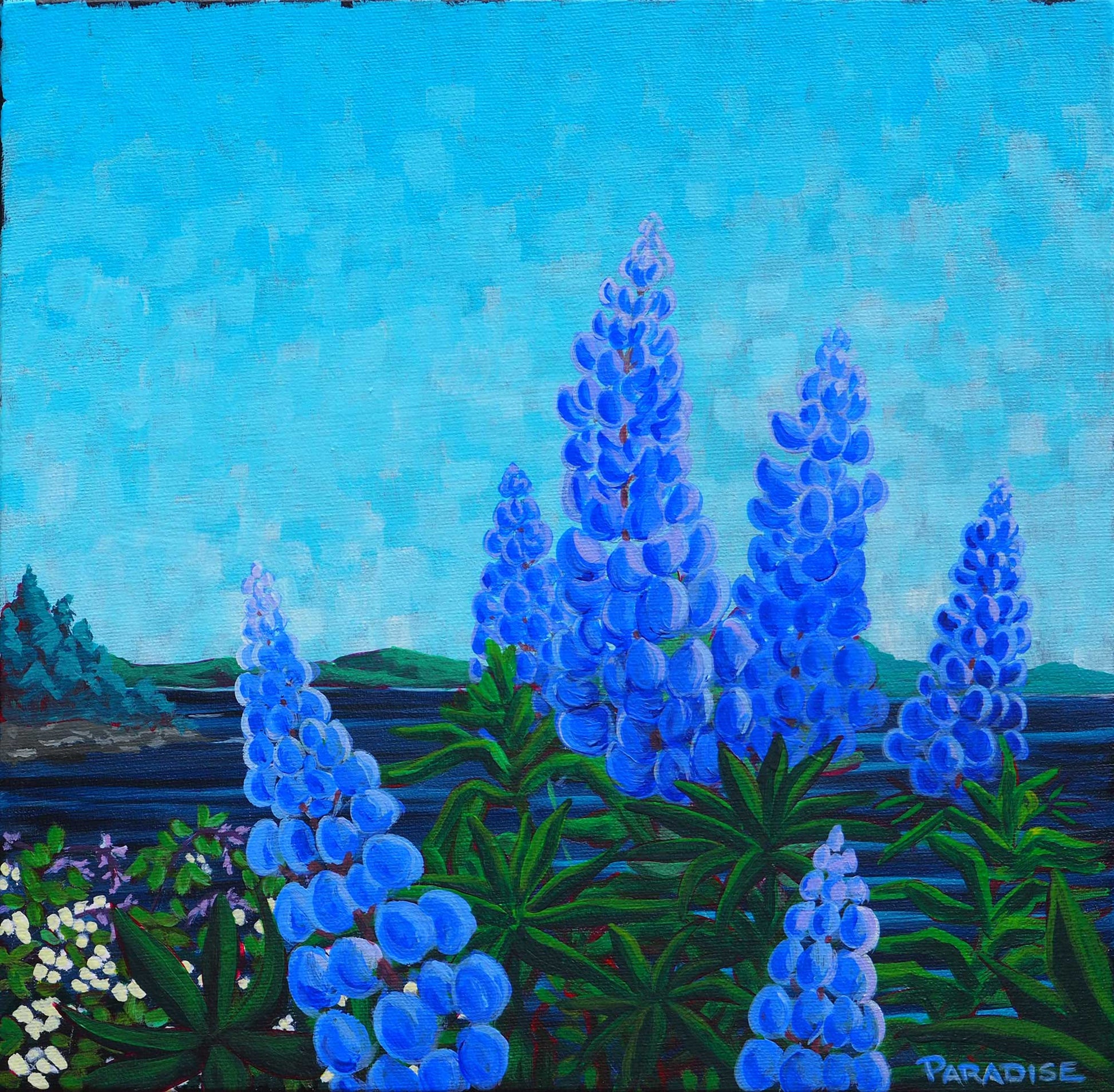 Lupin season in the Maritime region nova scotia on the Atlantic Ocean. blue vibrant sky original painting by a professional Canadian landscape artist. visual art ready to hang on your wall.