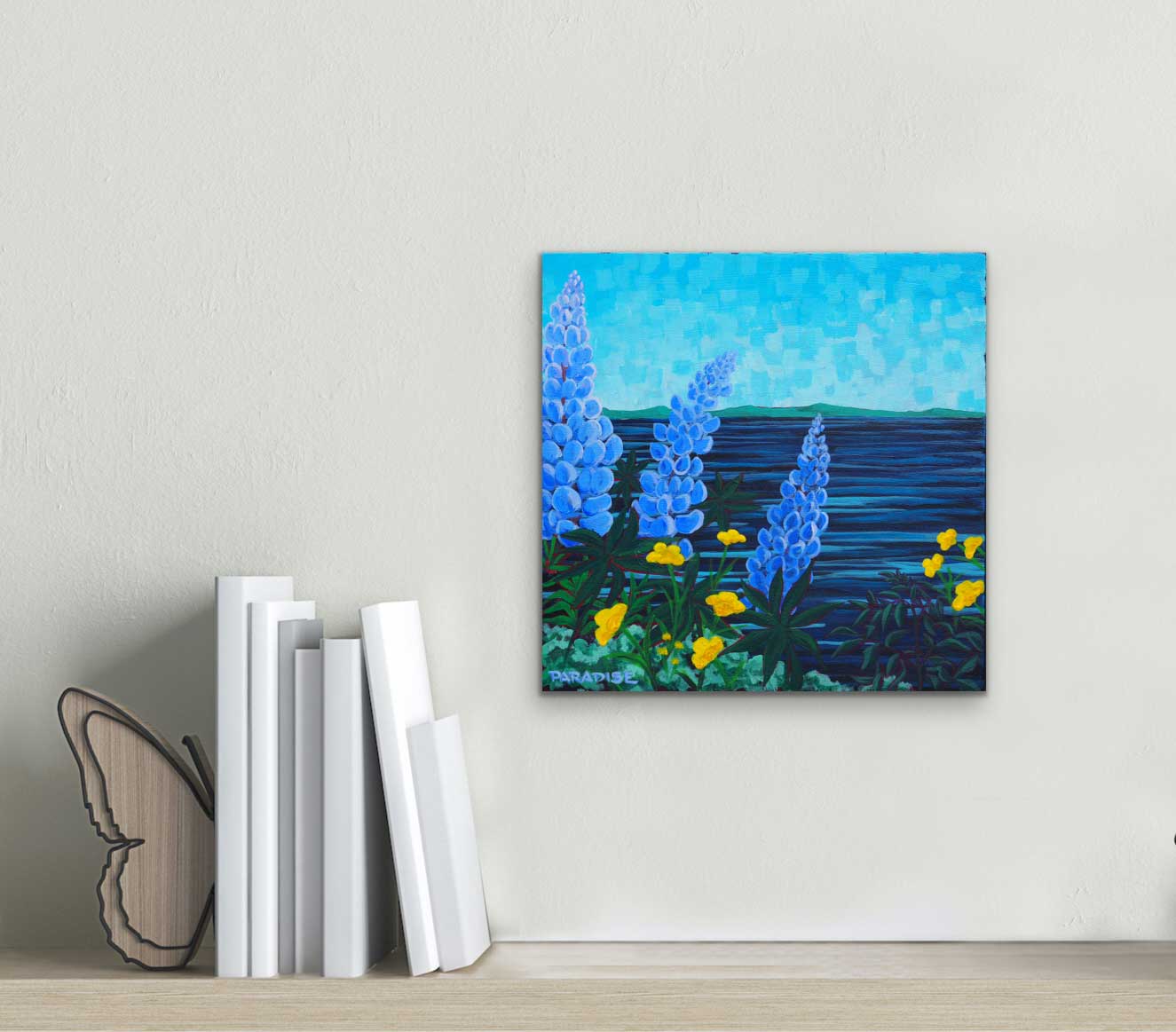 Lupin season in the Maritime region nova scotia on the Atlantic Ocean. blue vibrant sky original painting by a professional Canadian landscape artist. visual art ready to hang on your wall.