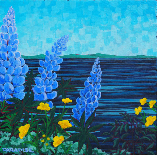 Lupin season in the Maritime region nova scotia on the Atlantic Ocean. blue vibrant sky original painting by a professional Canadian landscape artist. visual art ready to hang on your wall.